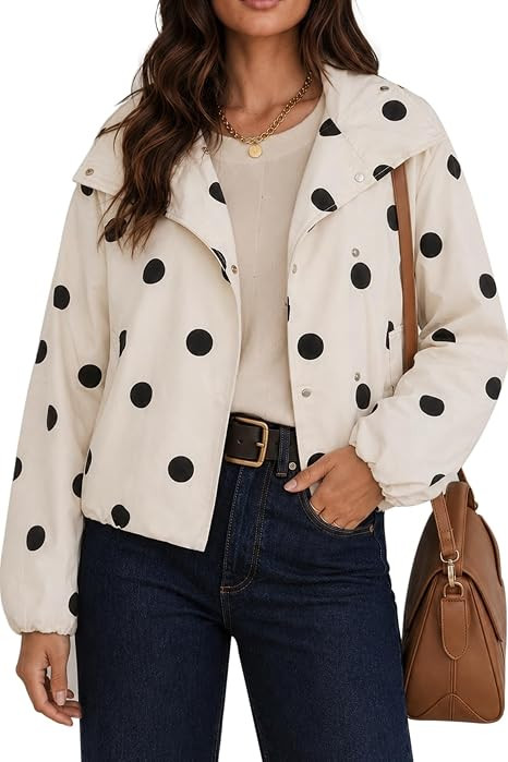 Women's Polka Dot Bomber Jacket Stand Collar Snap Coat | Amazon (US)