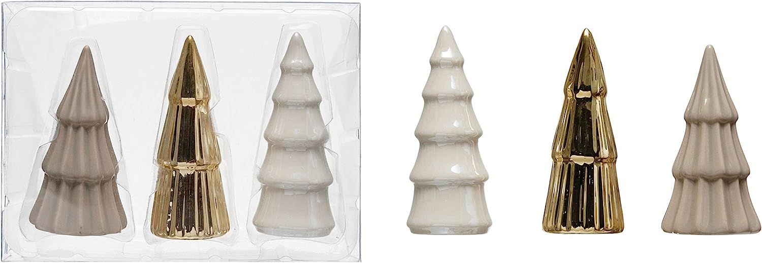 Creative Co-Op 1-1/2" Round x 3-1/4"H Stoneware Trees, Grey, Gold & White, Boxed Set of 3 Figures... | Amazon (US)