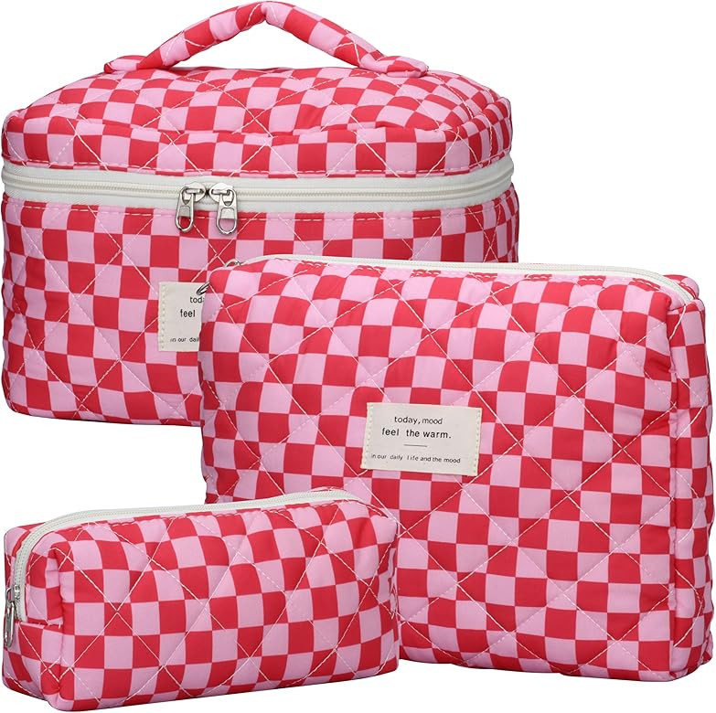 Quilted Makeup Bag Set - 3 PCS Cute Floral Cotton Makeup Bag, Large Coquette Aesthetic Make up Co... | Amazon (US)