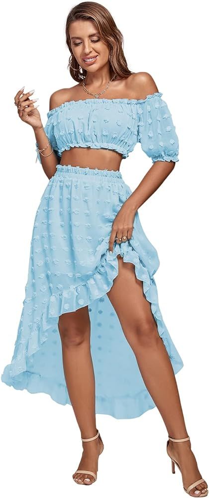 LYANER Women’s 2 Piece Outfit Dress Off Shoulder Crop Top High Waist Ruffle Midi Skirt Set | Amazon (US)