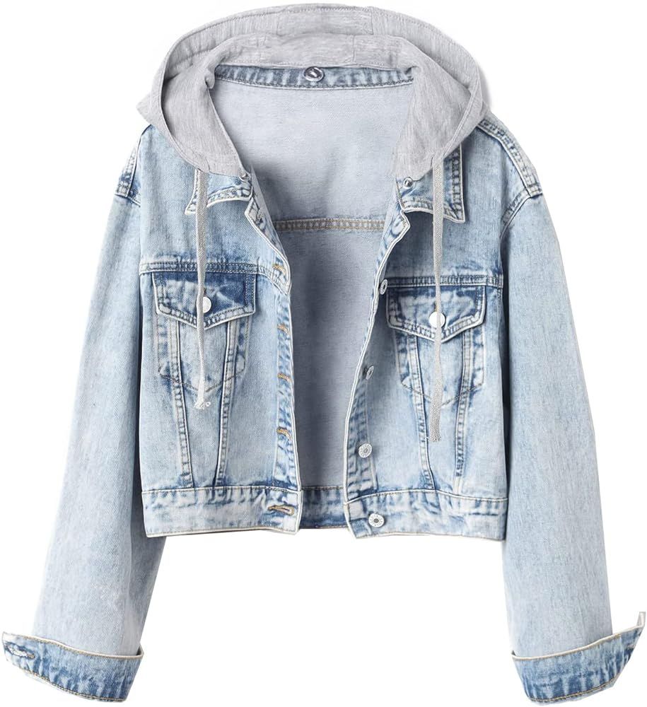 Kedera Women's Detachable Hoodie Jean Jacket Washed Long Sleeve Sweatshirt Cropped Hooded Denim J... | Amazon (US)