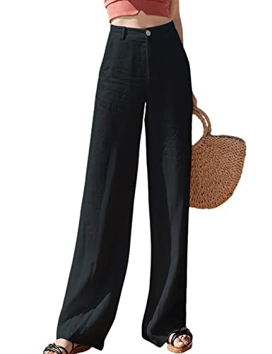Hooever Womens Casual High Waisted Wide Leg Pants Button Up Straight Leg Trousers(Black, Large) | Amazon (US)