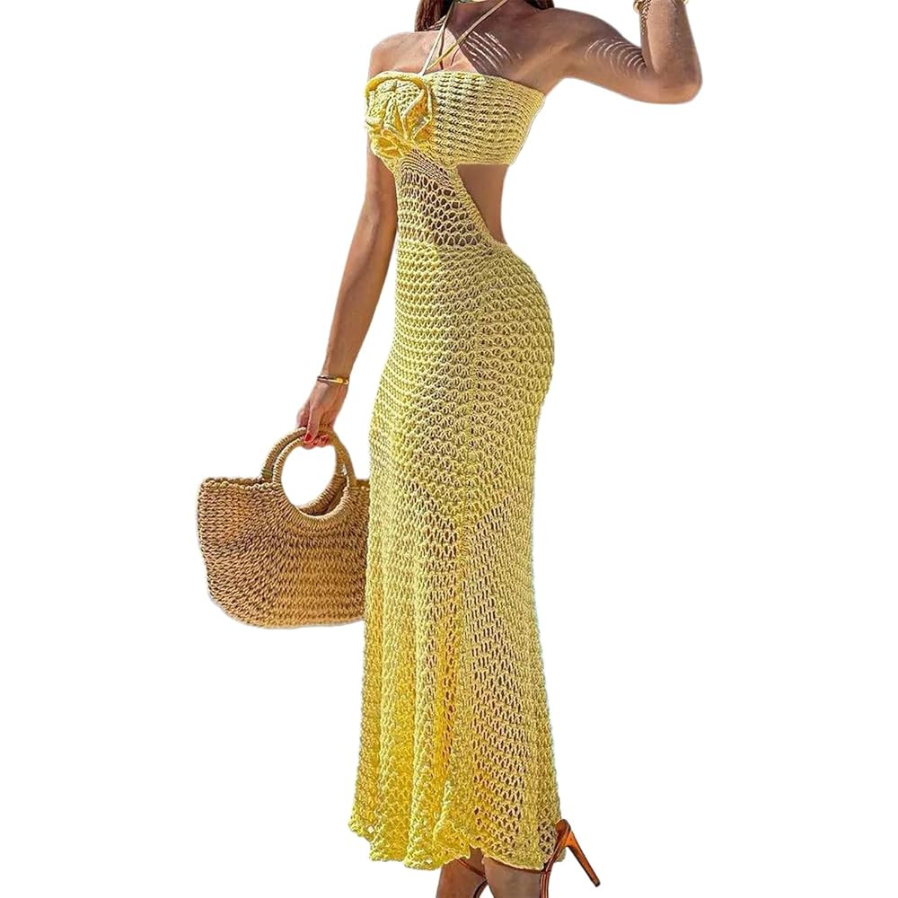 Women Crochet Knitted Halter Maxi Dress Sleeveless 3D Floral See Through Dress Summer Beach Vocat... | Amazon (US)