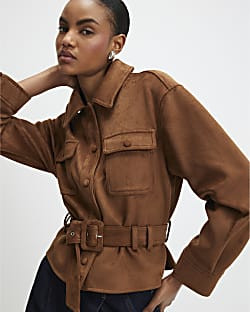 Brown Belted Faux Suede Jacket | River Island UK & IE