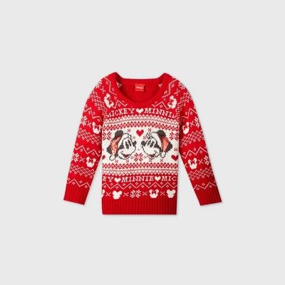 Toddler Girls' Mickey and Minnie Mouse Santa Hat Ugly Christmas Sweater - Red | Target