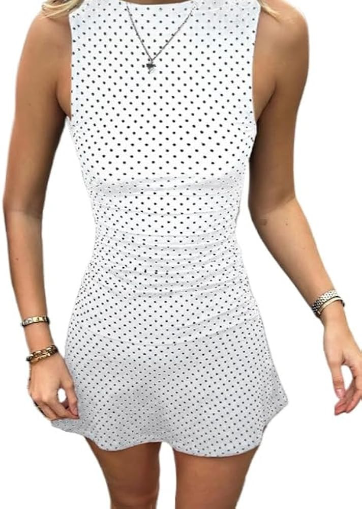 JOLILUNA Polka Dot Mini Dress for Women Sleeveless Round Neck Bodycon Flared Hem Casual Summer Ou... | Amazon (US)