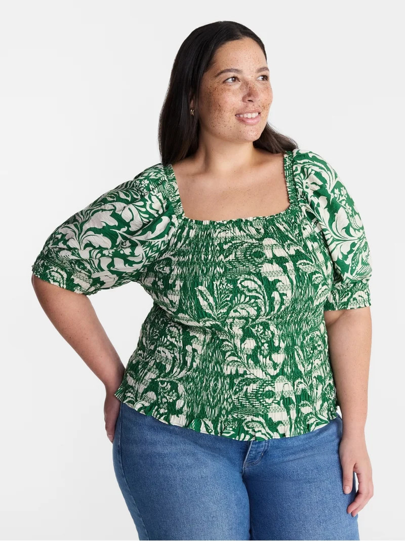 Terra and Sky Women\u2019s Plus Smocked Blouse with Elbow Length Sleeves, Sizes 0X-4X | Walmart (US)