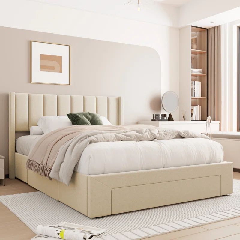 Latitude Storage Upholstered Wingback Bed-1 Large Drawer in the Footboard 2 on the side | Wayfair North America