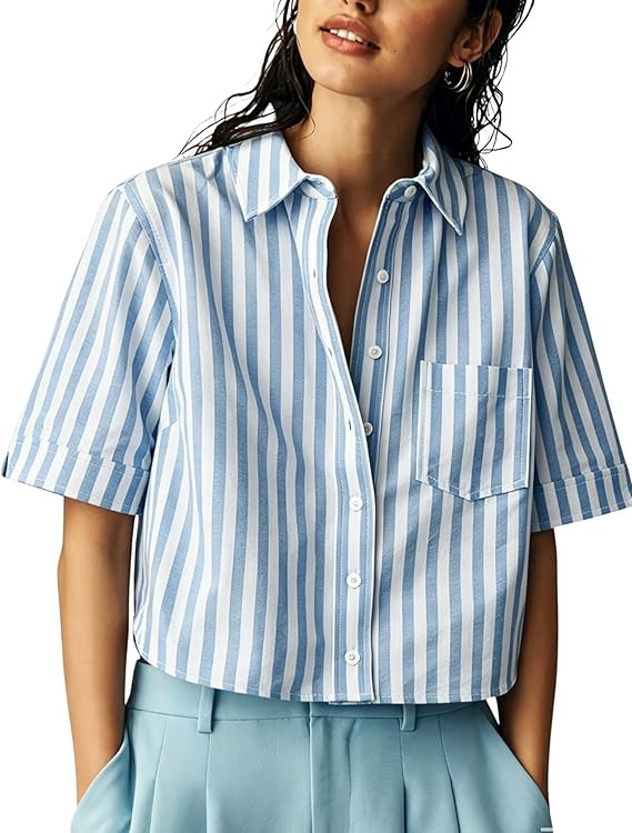 AMEBELLE Women's Striped Short Sleeve Cropped Button Down Shirt Casual Summer Lightweight Blouse ... | Amazon (US)