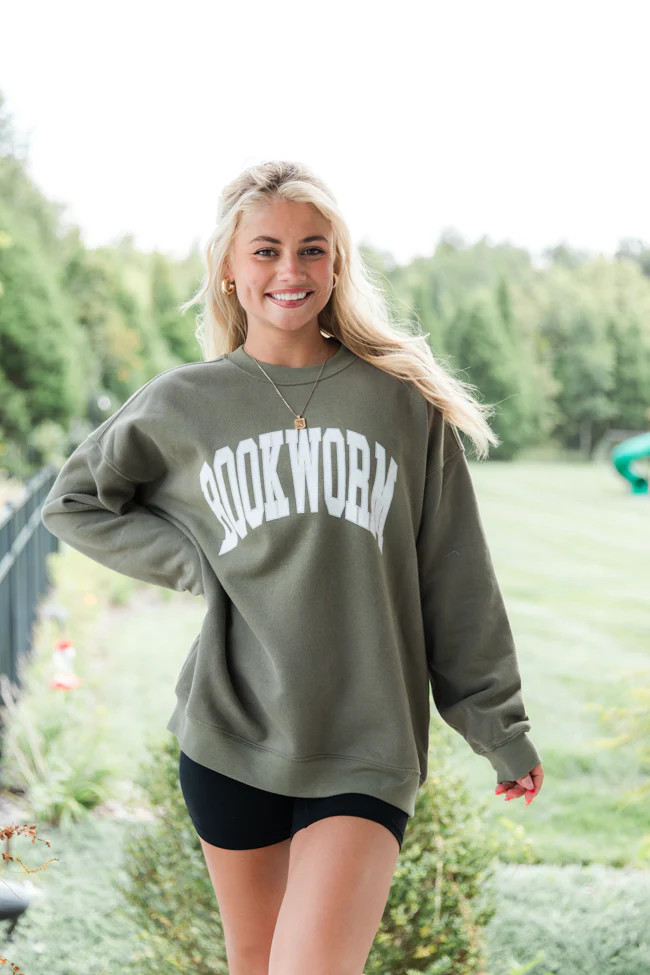 Bookworm Olive Oversized Graphic Sweatshirt | Pink Lily
