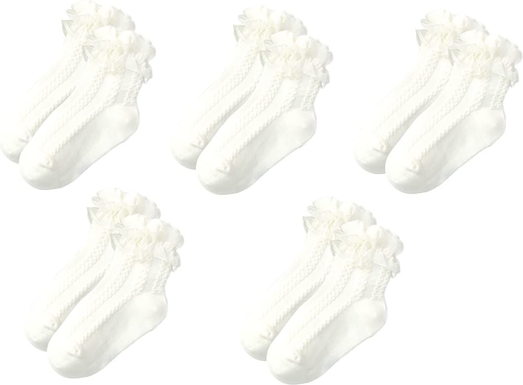 Amazon.com: Toddler Girls White Double Ruffle Lace Trim Cotton Socks Eyelet Frilly Dress Socks 5-... | Amazon (US)