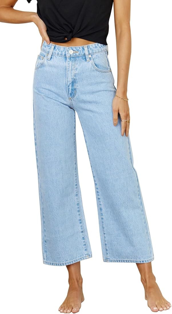 PLNOTME Womens High Waisted Capri Jeans Boyfriend Baggy Straight Leg Cropped Denim Pants | Amazon (US)