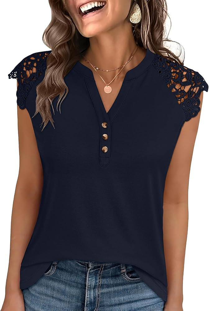 ANRABESS Women's Dressy Casual Tops, Lace Cap Sleeve Button Up Blouses, Sleeveless Henley Shirts,... | Amazon (US)