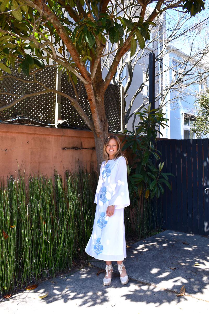 Anne Maxi Dress Long Sleeve White with Light Blue Embroidery | Madison Mathews
