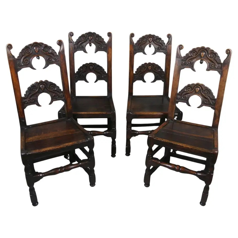 Excellent Set of Four Yorkshire Oak Back Stools c. 1730 | 1stDibs