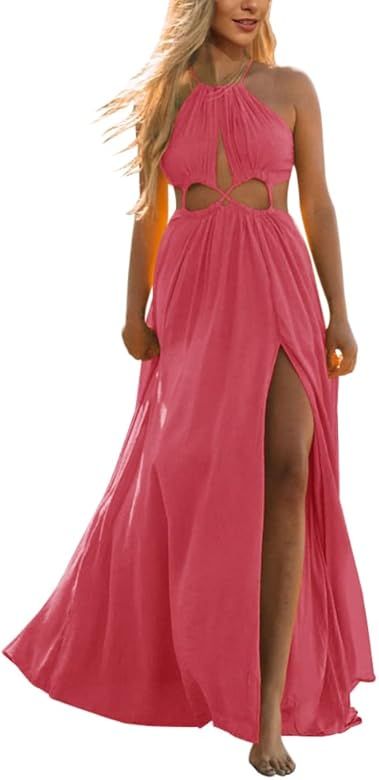 Womens Cutout Halter Tie Maxi Dress Flowy Boho Beach Summer Sexy Midi Dress Side Slit Long Dresse... | Amazon (US)