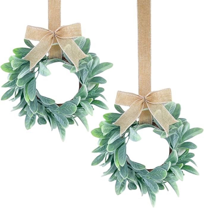 2 Pcs 13inch Mini Lamb Ear Wreaths Artificial Spring Summer Greenery Wreath for Front Door Farmho... | Amazon (US)
