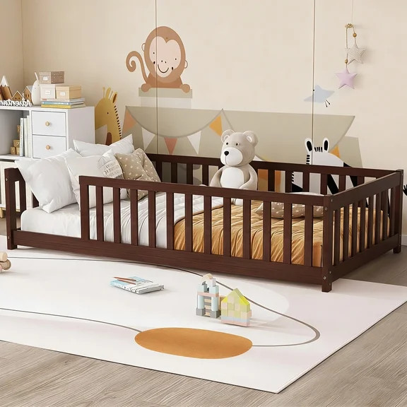Bellemave Floor House Bed with Storage Shelf, Wood Twin Size Montessori Bed with Fence, Playhouse... | Walmart (US)
