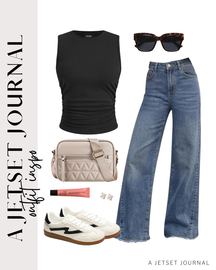 For the last outfit, you can pair a black CIDER tank top with wide-leg pants and Project Cloud fashion sneakers. Complete the look with this Missnine crossbody bag and trendy sunnies from SOJOS.

#LTKSeasonal #LTKSaleAlert #LTKTravel
 

 
