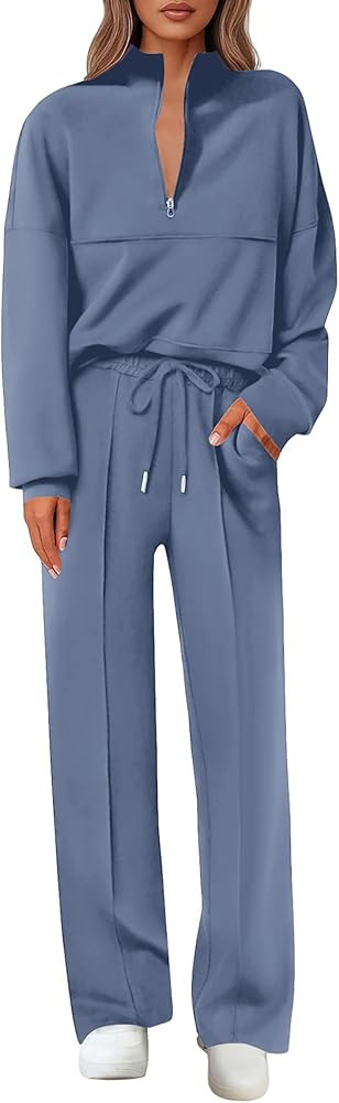 Lazysmile 2 Piece Sets For Women Lapel Half Zip Sweatshirt and Wide Leg Long Pants Sweatsuit Loun... | Amazon (US)