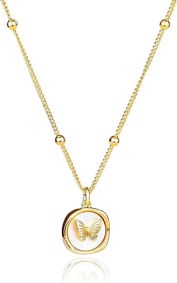 CoBi 18K Gold Silver Cubic Zirconia Station Butterfly Pendant Necklace for Women, Heart CZ Initia... | Amazon (US)