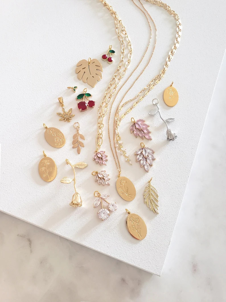 10 Styles! Gold Botanical Charms Birth Flowers Birthflower Necklaces Monstera Leaf Marijuana Leaf... | Etsy (US)