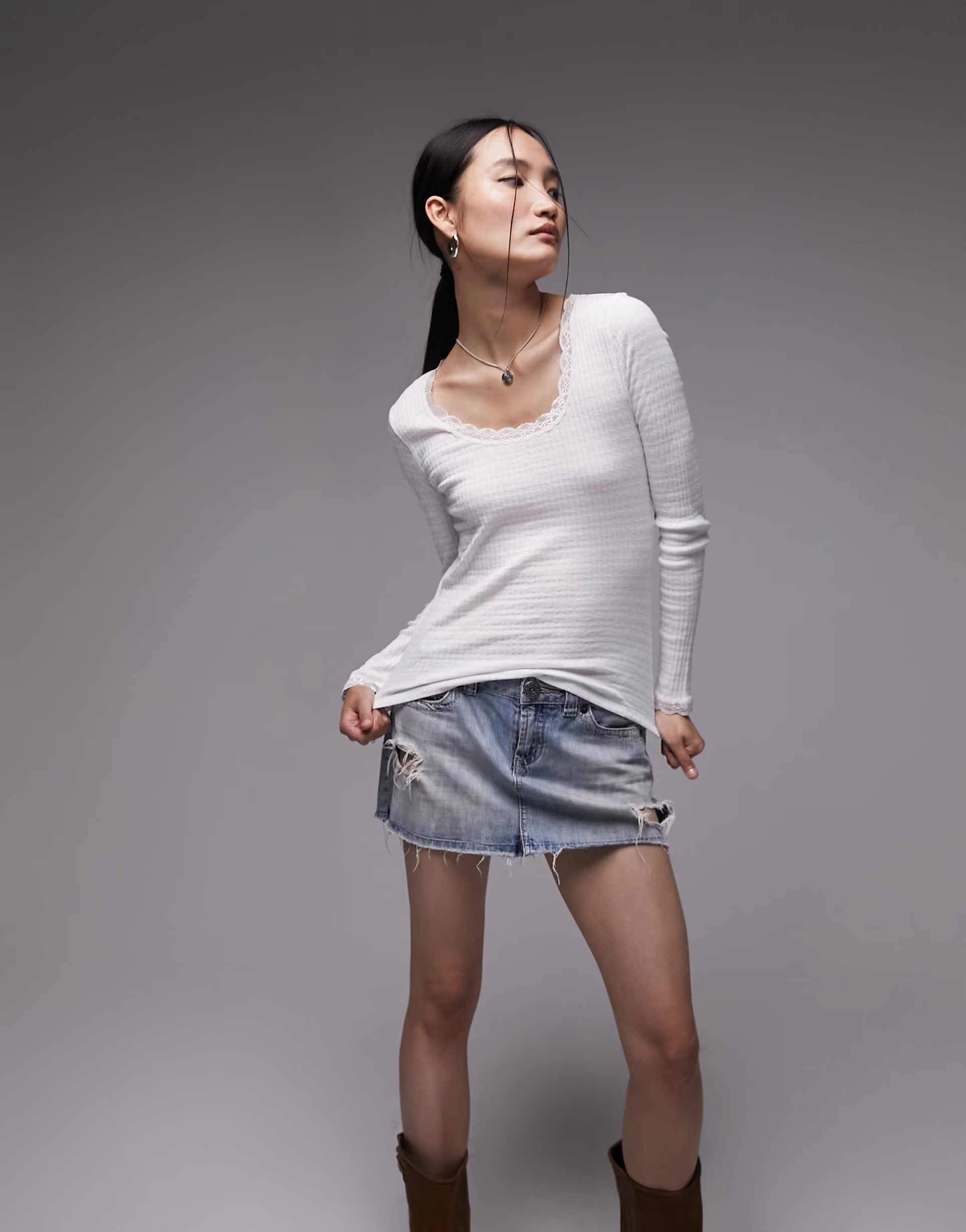 Topshop long sleeve lace pointelle top in white | ASOS (Global)