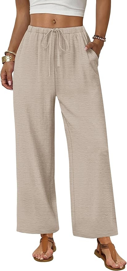 Sampeel Wide Leg Pants Women Casual Palazzo Drawstring Elastic Waist Trousers with Pockets Summer... | Amazon (US)