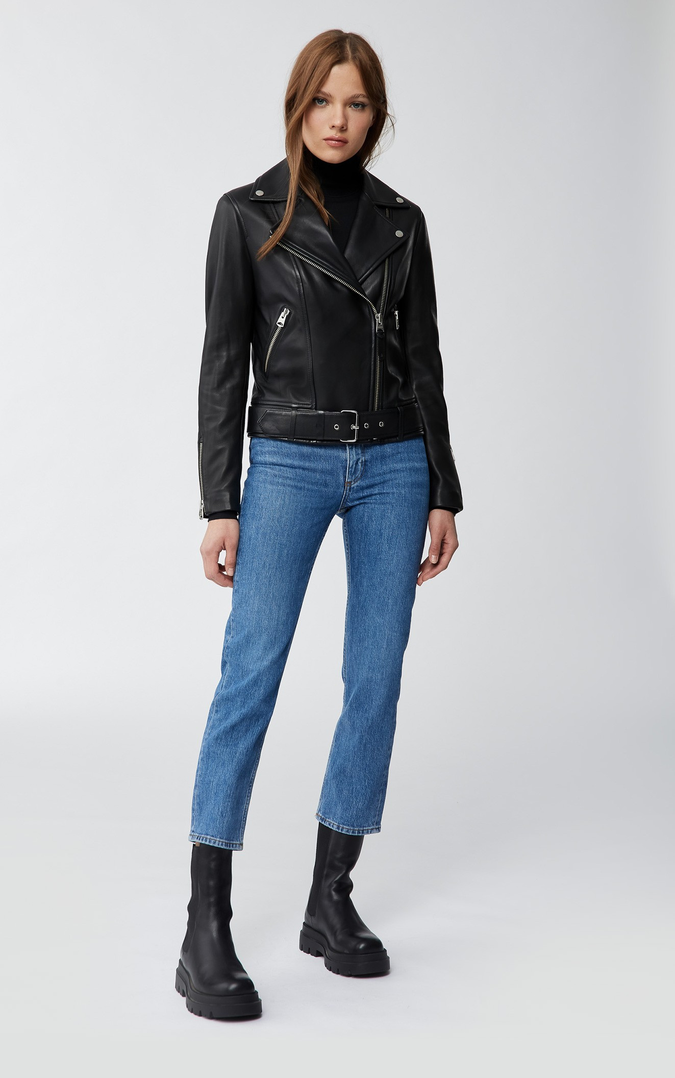 leather moto jacket with removable belt | Mackage