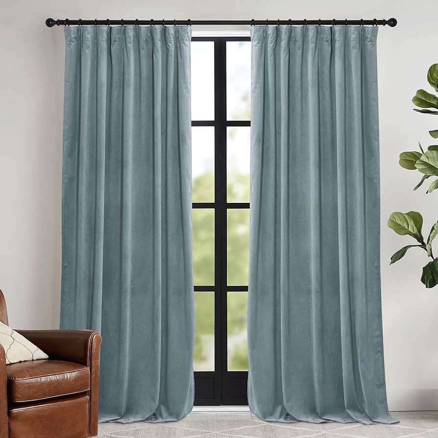 RYB HOME Stone Blue Velvet Curtains 96 inches - Blackout Curtains for Bedroom Thermal Insulated N... | Amazon (US)