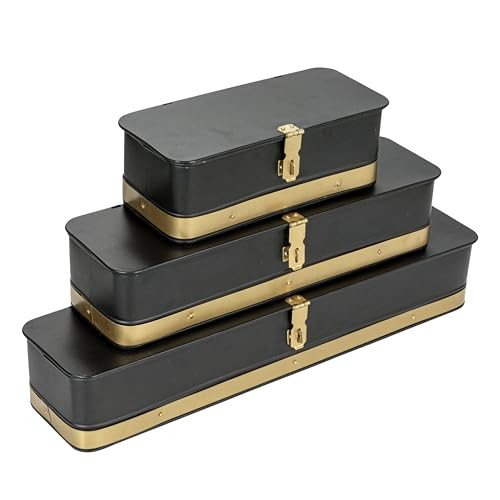 Creative Co-Op Decorative Metal Boxes with Lid, Black with Gold Band, Set of 3 | Amazon (US)