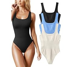 OQQ Women's 3 Piece Bodysuits Sexy Ribbed Sleeveless Square Neck Sleeveless Tank Tops Bodysuits | Amazon (US)