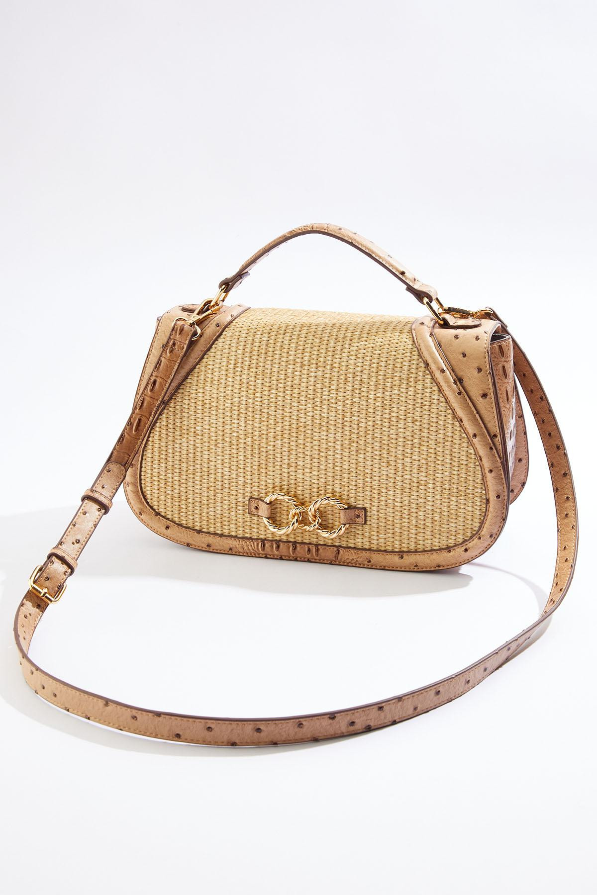 Braided Hardware Straw Faux Leather Satchel | Cato Fashions
