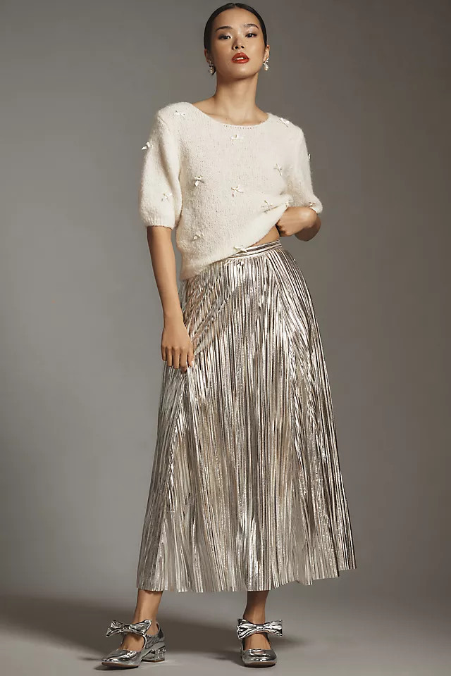 By Anthropologie Metallic Pleated Midi Skirt | Anthropologie (US)