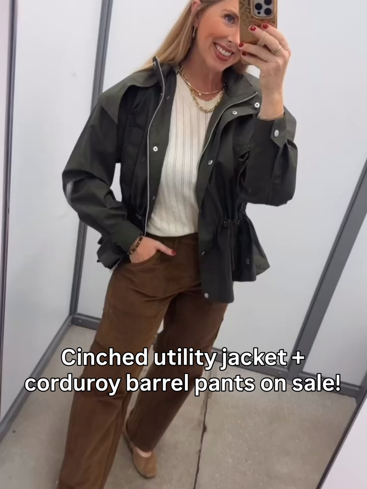 This nice cinched utility jacket and the corduroy barrel pants are both on sale!