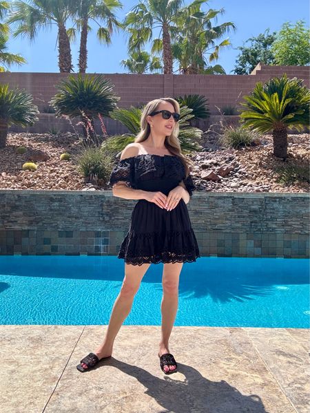 Summer outfit and summer sandals : black off the shoulder dress with black slide sandals. Also linked the black ray-ban sunglasses which are the meta wayfarer smart glasses. I love the beachy raffia vibes of these flat sandals for summer. I sized down half a size, full review on my YouTube channel evedawes #summerstyle

#LTKTravel #LTKSeasonal #LTKStyleTip