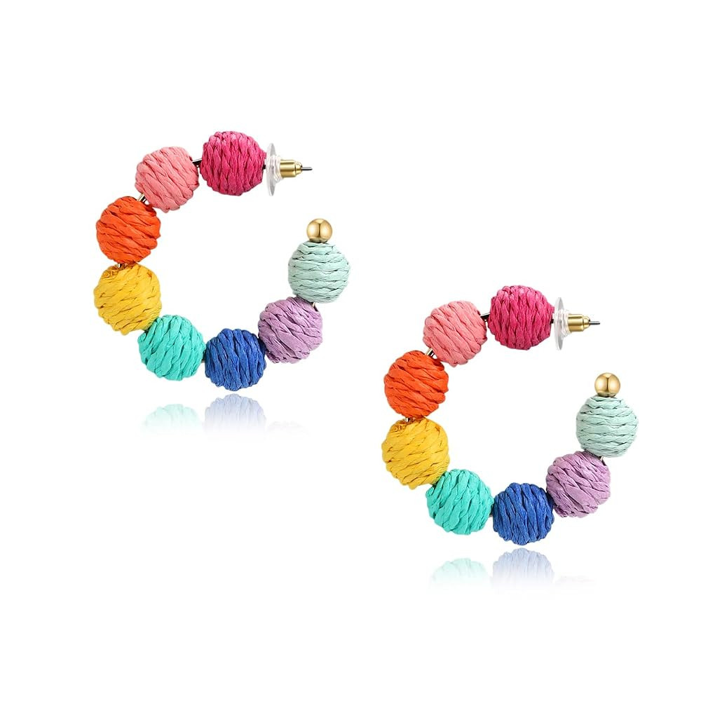 Colorful Statement Raffia Hoop Dangle Earrings for Women - Fun Summer Rattan Beach Vacation Jewel... | Amazon (US)