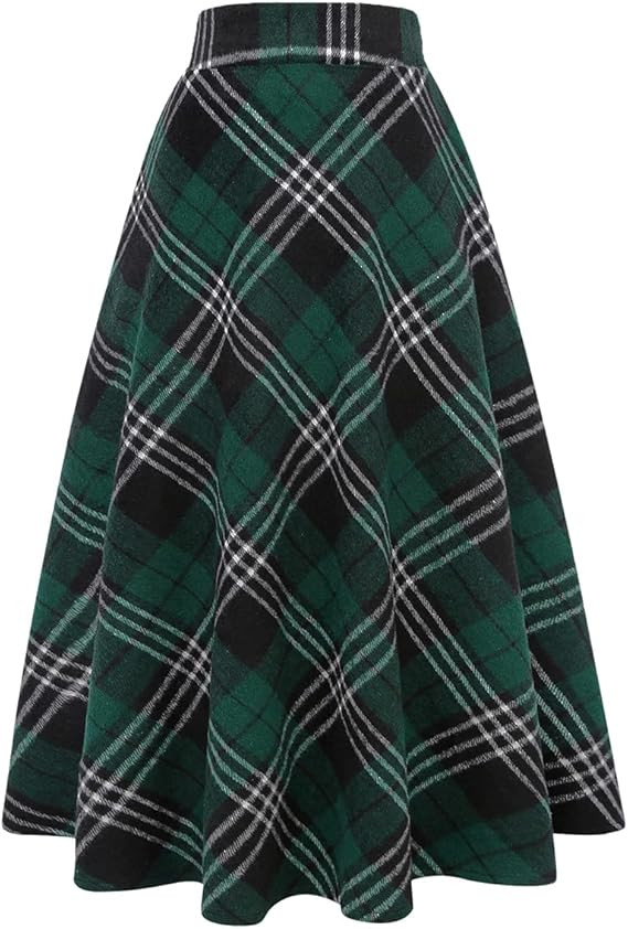 IDEALSANXUN Womens Plaid Wool Skirts Elastic Waist A-Line Pleated Tartan Long Skirts | Amazon (US)