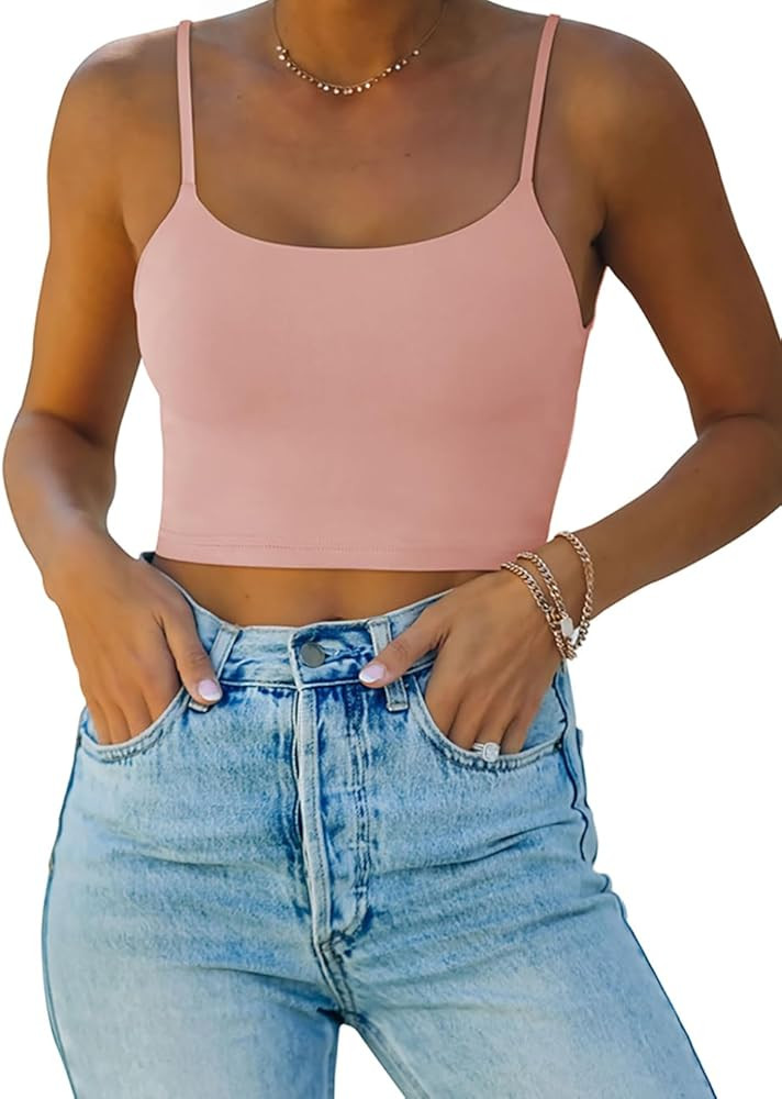 REORIA Women's Sexy Adjustable Spaghetti Strap Double Lined Seamless Camisole Tank Yoga Crop Tops | Amazon (US)