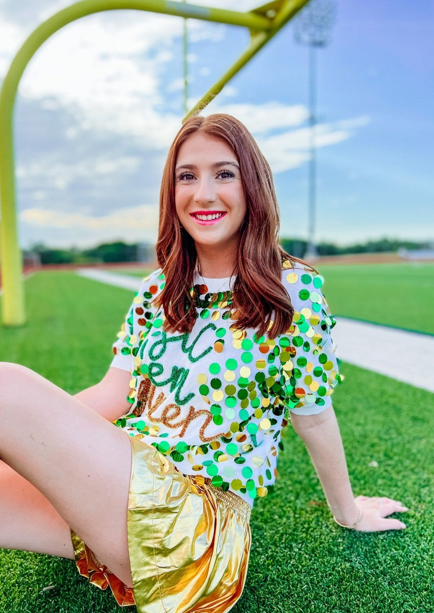 'Sic Em Queen' Paillette Sweater Top - Green & Gold | Southern Roots