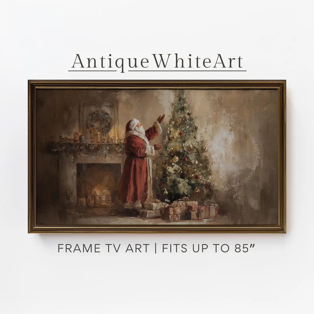 Santa Decorating Christmas Tree Frame Tv Art: Dark Vintage Holiday Painting (digital Download) WA... | Etsy (US)