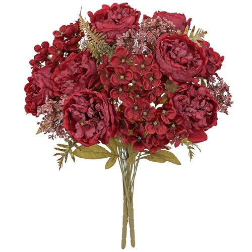 Hollyone 2 Bundles Artificial Fall Flowers Bouquet 18.8" Red Peony Hydrangea Fake Fall Floral Silk Flowers Autumn Faux Flower Arrangement for Home Wedding Table Centerpieces Thanksgiving Party Decor | Amazon (US)