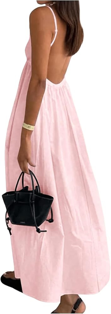 SOLY HUX Women's Summer Dress Backless V Neck Spaghetti Strap Loose Flowy Midi Cami Dresses | Amazon (US)