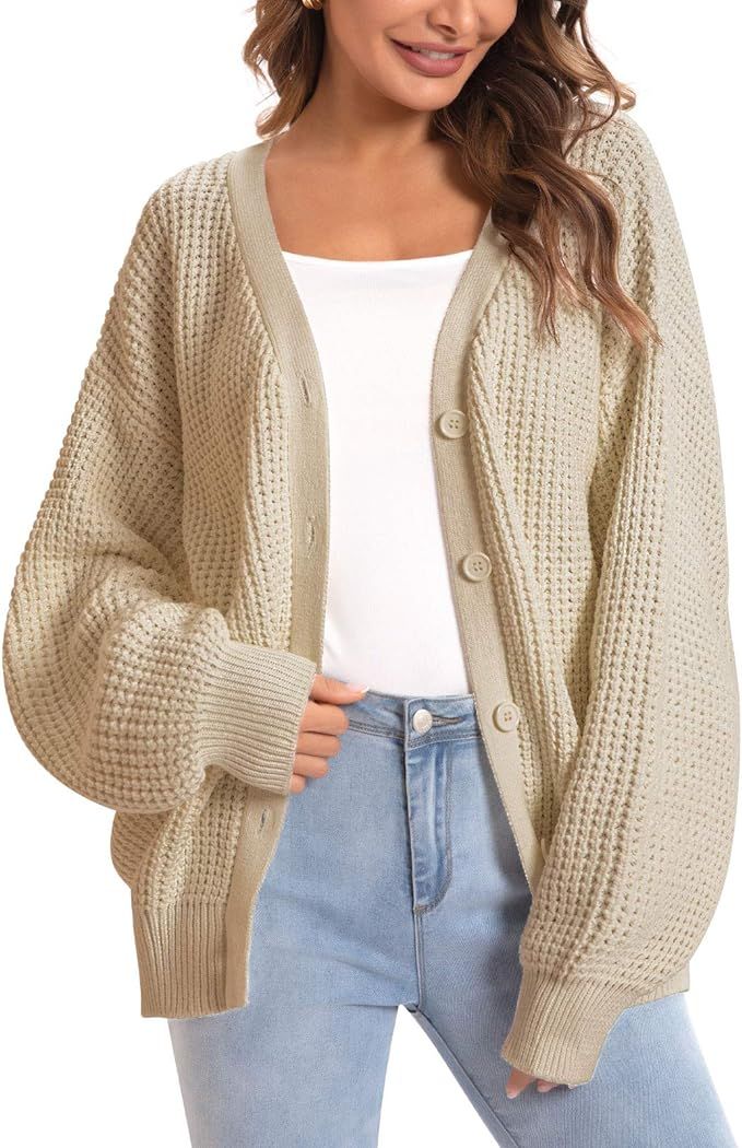 QUALFORT Women's Cardigan Sweater 100% Cotton Button-Down Long Sleeve Oversized Knit Cardigans He... | Amazon (US)