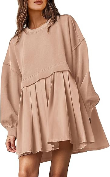 PRETTYGARDEN Women's Casual Sweatshirt Dress Long Sleeve Patchwork Pullover Tops Pleated Mini Dre... | Amazon (US)