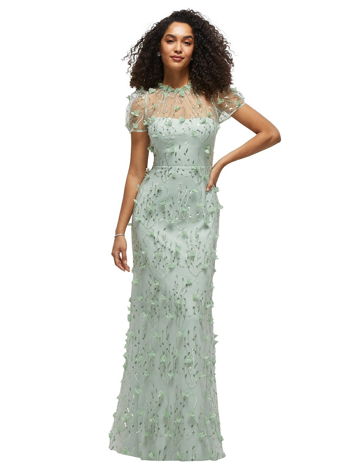 3D Floral Embroidered Puff Sleeve A-line Maxi Dress with Petal-Adorned Illusion Neckline in Celad... | The Dessy Group