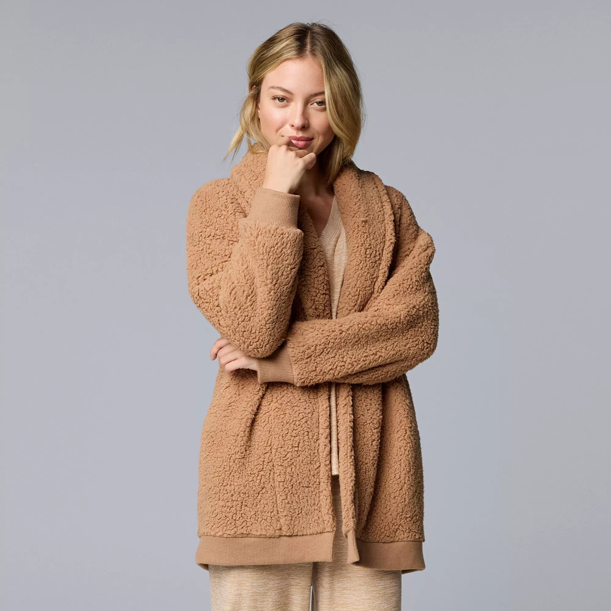 Women's Simply Vera Vera Wang Plush Sherpa Long Sleeve Open Front Cardigan | Kohl's