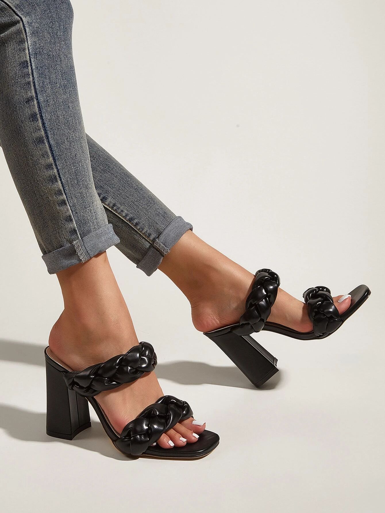 Braided Detail Chunky Heeled Mule Sandals | SHEIN