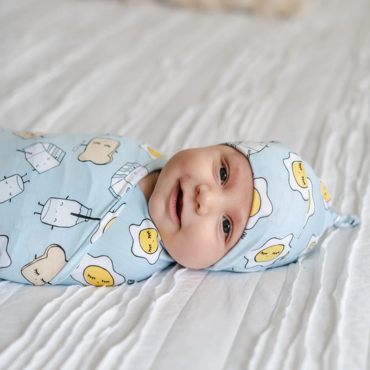 Blue Breakfast Buddies Bamboo Viscose Swaddle + Hat Set | Little Sleepies