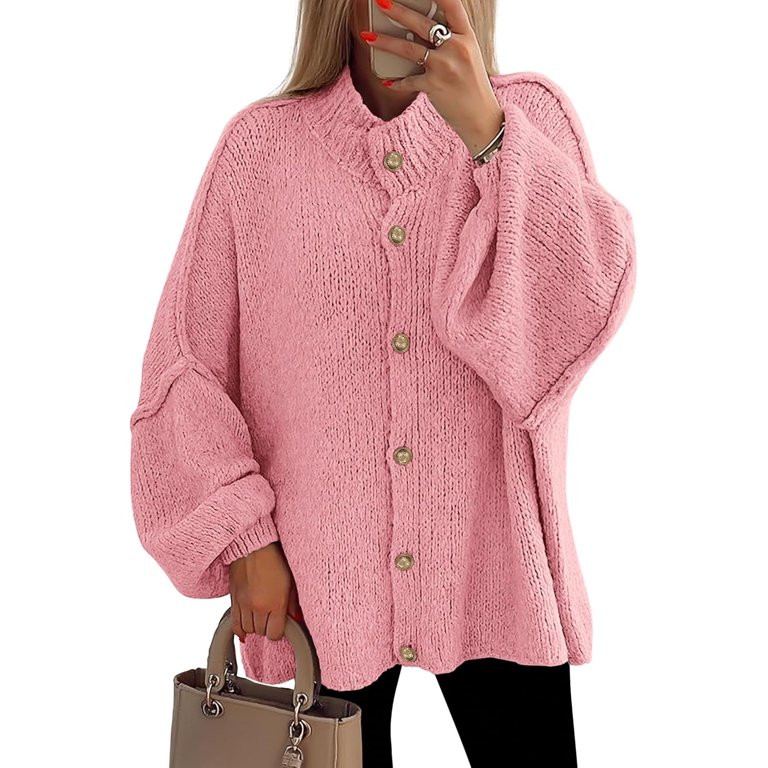 Women's Winter Button Down Cardigan Sweaters Mock Neck Lantern Long Sleeve Chunky Knit Jacket Tre... | Walmart (US)